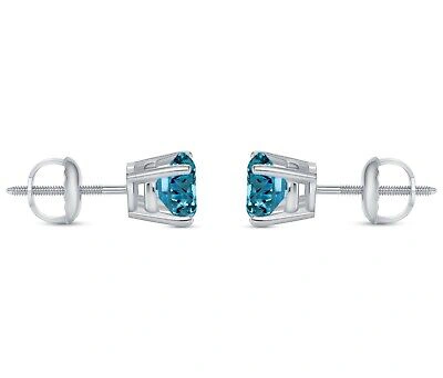 Pre-owned Shine Brite With A Diamond 1.25 Ct Round Blue Earrings Studs Solid Real 18k White Gold Screw Back Basket
