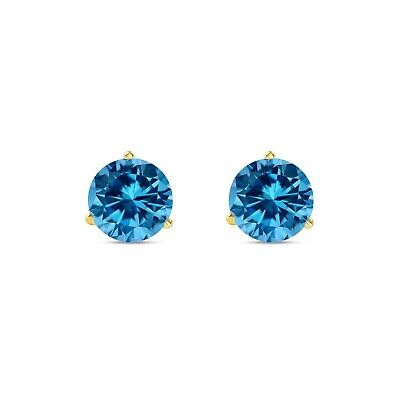 Pre-owned Shine Brite With A Diamond 5 Ct Round Cut Blue Earrings Studs Solid Real 14k Yellow Gold Screw Back Martini