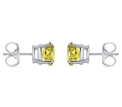 Pre-owned Shine Brite With A Diamond 2.75 Ct Round Cut Canary Earrings Studs Solid 14k White Gold Push Back Basket