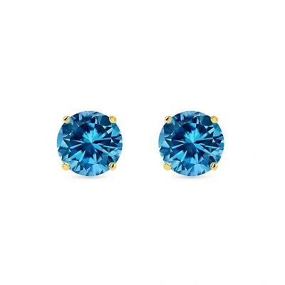 Pre-owned Shine Brite With A Diamond 5 Ct Round Cut Blue Earrings Studs Solid Real 18k Yellow Gold Screw Back Basket