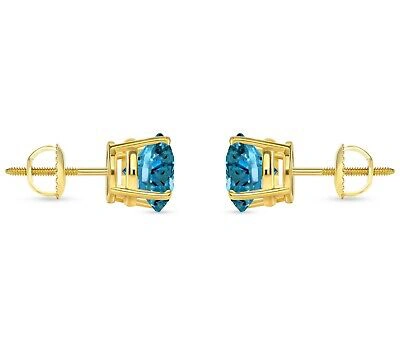Pre-owned Shine Brite With A Diamond 5 Ct Round Cut Blue Earrings Studs Solid Real 18k Yellow Gold Screw Back Basket