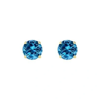 Pre-owned Shine Brite With A Diamond 2 Ct Round Cut Blue Earrings Studs Solid Real 18k Yellow Gold Screw Back Basket
