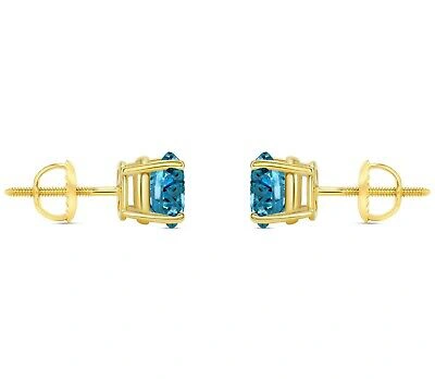 Pre-owned Shine Brite With A Diamond 2 Ct Round Cut Blue Earrings Studs Solid Real 18k Yellow Gold Screw Back Basket