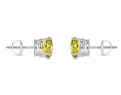 Pre-owned Shine Brite With A Diamond 6 Ct Round Cut Canary Earrings Studs Solid Real 18k White Gold Screw Back Basket