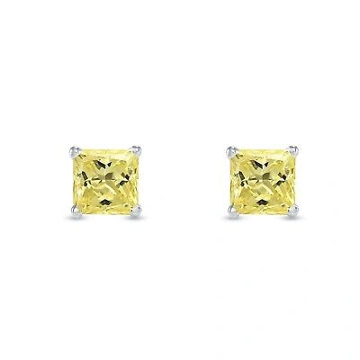 Pre-owned Shine Brite With A Diamond 2 Ct Princess Cut Canary Earrings Studs Solid 14k White Gold Push Back Basket
