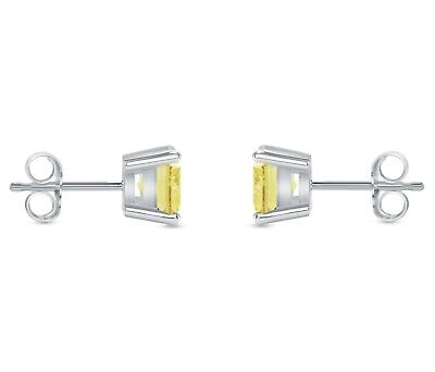 Pre-owned Shine Brite With A Diamond 2 Ct Princess Cut Canary Earrings Studs Solid 14k White Gold Push Back Basket