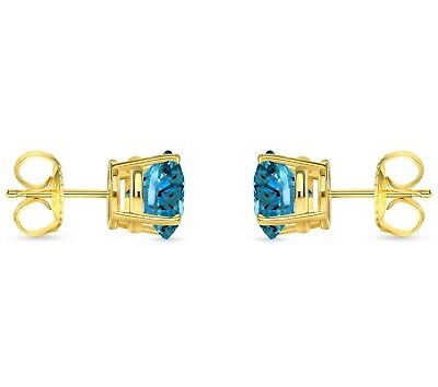 Pre-owned Shine Brite With A Diamond 6 Ct Round Cut Blue Earrings Studs Solid Real 18k Yellow Gold Push Back Basket