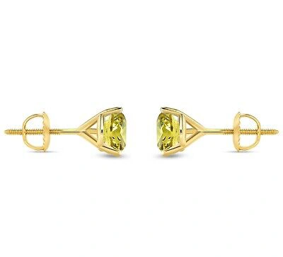 Pre-owned Shine Brite With A Diamond 2 Ct Round Cut Canary Earrings Studs Solid 18k Yellow Gold Screw Back Martini