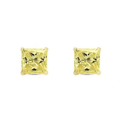 Pre-owned Shine Brite With A Diamond 5.5 Ct Princess Canary Earrings Studs Solid 18k Yellow Gold Push Back Basket