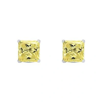 Pre-owned Shine Brite With A Diamond 5.5 Ct Princess Cut Canary Earrings Studs Solid 18k White Gold Screw Back Basket