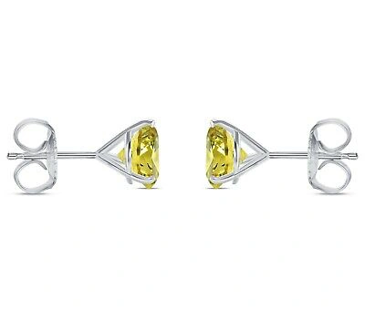 Pre-owned Shine Brite With A Diamond 4 Ct Round Cut Canary Earrings Studs Solid Real 14k White Gold Push Back Martini