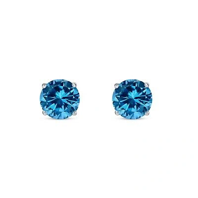 Pre-owned Shine Brite With A Diamond 3 Ct Round Cut Blue Earrings Studs Solid Real 950 Platinum Screw Back Basket In White