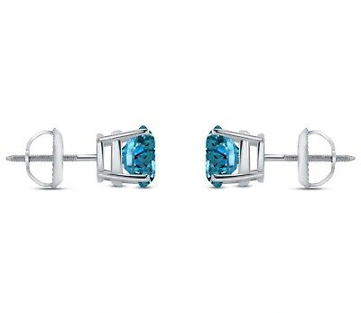 Pre-owned Shine Brite With A Diamond 3 Ct Round Cut Blue Earrings Studs Solid Real 950 Platinum Screw Back Basket In White