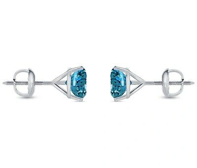 Pre-owned Shine Brite With A Diamond 2.50 Ct Round Cut Blue Earrings Studs Solid 18k White Gold Screw Back Martini