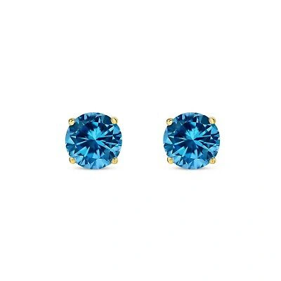 Pre-owned Shine Brite With A Diamond 2.75 Ct Round Cut Blue Earrings Studs Solid 14k Yellow Gold Screw Back Basket In White/colorless