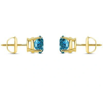 Pre-owned Shine Brite With A Diamond 2.75 Ct Round Cut Blue Earrings Studs Solid 14k Yellow Gold Screw Back Basket In White/colorless