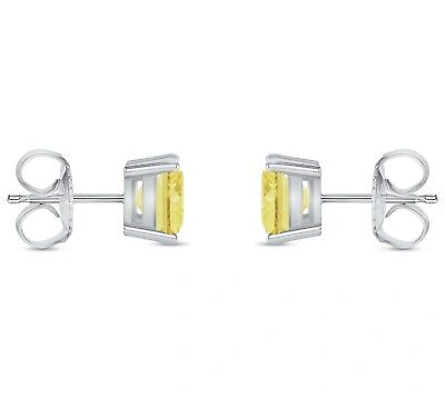 Pre-owned Shine Brite With A Diamond 6 Ct Princess Cut Canary Earrings Studs Solid 18k White Gold Push Back Basket