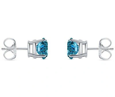 Pre-owned Shine Brite With A Diamond 4 Ct Round Cut Blue Earrings Studs Solid Real 18k White Gold Push Back Basket