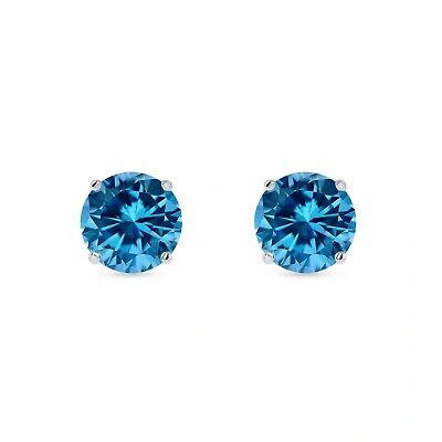 Pre-owned Shine Brite With A Diamond 5.50 Ct Round Cut Blue Earrings Studs Solid 14k White Gold Push Back Basket