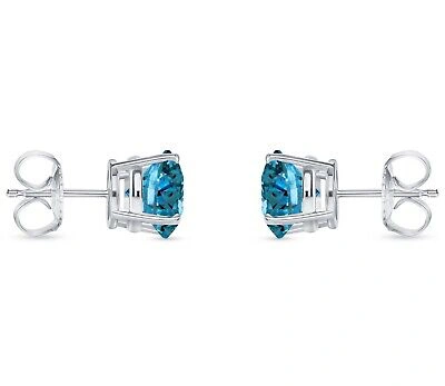 Pre-owned Shine Brite With A Diamond 5.50 Ct Round Cut Blue Earrings Studs Solid 14k White Gold Push Back Basket