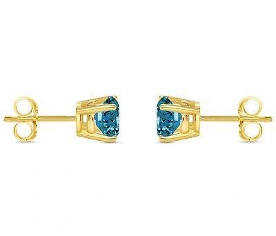 Pre-owned Shine Brite With A Diamond 1.25 Ct Round Blue Earrings Studs Solid Real 18k Yellow Gold Push Back Basket