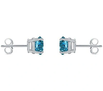 Pre-owned Shine Brite With A Diamond 2.50 Ct Round Cut Blue Earrings Studs Solid 18k White Gold Push Back Basket
