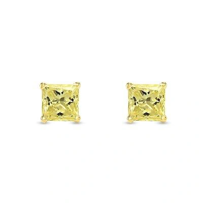 Pre-owned Shine Brite With A Diamond 2.25 Ct Princess Canary Earrings Studs Solid 14k Yellow Gold Push Back Basket