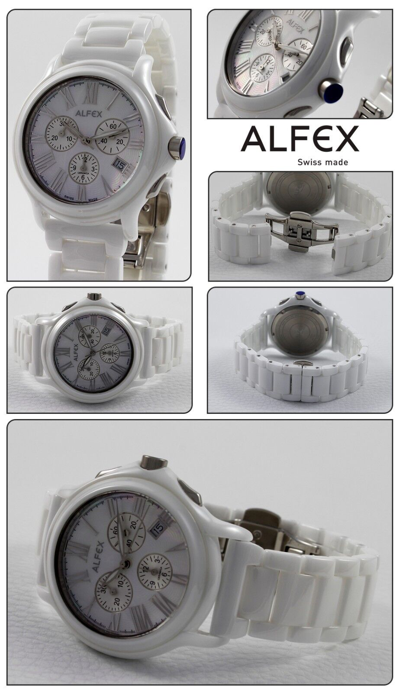 Pre-owned Alfex Men's Watch 5629 Chronograph White Ceramic Pearl Swiss Made 1 23/32in
