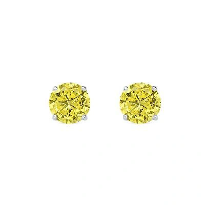 Pre-owned Shine Brite With A Diamond 2.25 Ct Round Cut Canary Earrings Studs Solid 18k White Gold Screw Back Basket