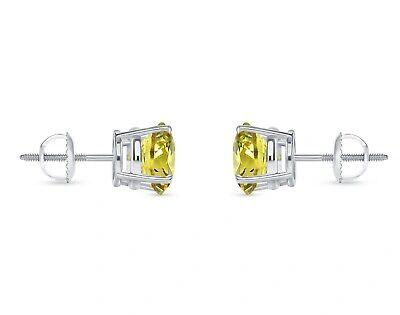Pre-owned Shine Brite With A Diamond 4.50 Ct Round Cut Canary Earrings Studs Solid 18k White Gold Screw Back Basket