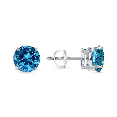 Pre-owned Shine Brite With A Diamond 5.50 Ct Round Cut Blue Earrings Studs Solid 18k White Gold Screw Back Basket