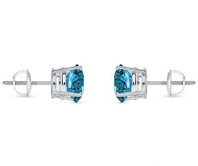 Pre-owned Shine Brite With A Diamond 5.50 Ct Round Cut Blue Earrings Studs Solid 18k White Gold Screw Back Basket