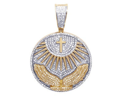 Pre-owned Jewelry Unlimited Unisex Praying Hands And Cross Medallion Real Diamond Pendant 9/10 Ct 10k Yel... In H-i