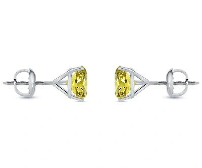 Pre-owned Shine Brite With A Diamond 3.50 Ct Round Cut Canary Earrings Studs Solid 18k White Gold Screw Back Martini