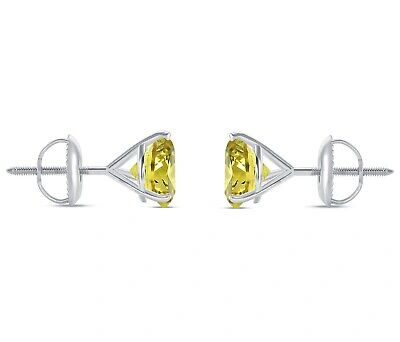 Pre-owned Shine Brite With A Diamond 4 Ct Round Canary Earrings Studs Solid Real 18k White Gold Screw Back Martini