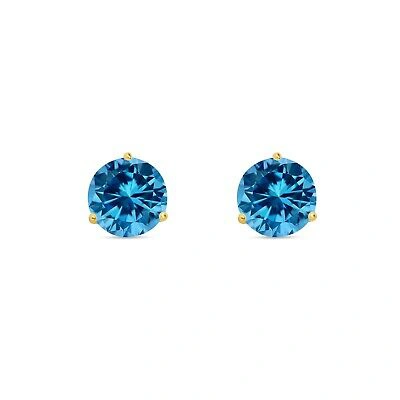 Pre-owned Shine Brite With A Diamond 3.50 Ct Round Cut Blue Earrings Studs Solid 14k Yellow Gold Screw Back Martini