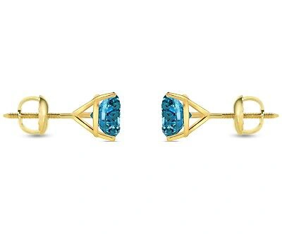 Pre-owned Shine Brite With A Diamond 3.50 Ct Round Cut Blue Earrings Studs Solid 14k Yellow Gold Screw Back Martini