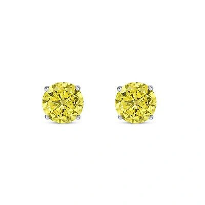 Pre-owned Shine Brite With A Diamond 3.50 Ct Round Cut Canary Earrings Studs Solid 14k White Gold Screw Back Basket