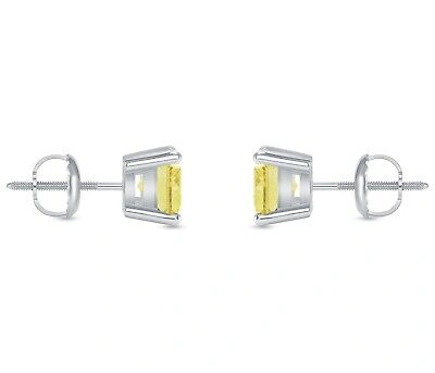 Pre-owned Shine Brite With A Diamond 1.5 Ct Princess Cut Canary Earrings Studs Solid 18k White Gold Screw Back Basket