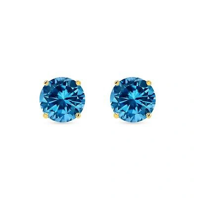 Pre-owned Shine Brite With A Diamond 5.50 Ct Round Cut Blue Earrings Studs Solid 14k Yellow Gold Screw Back Basket