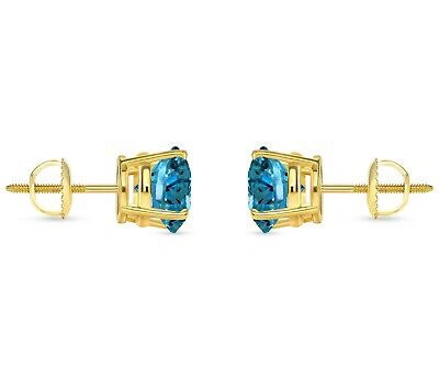 Pre-owned Shine Brite With A Diamond 5.50 Ct Round Cut Blue Earrings Studs Solid 14k Yellow Gold Screw Back Basket
