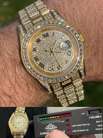 Pre-owned Hip Hop 15ct Moissanite Gold Mens Presidential Watch Iced  Out Pass Diamond Test