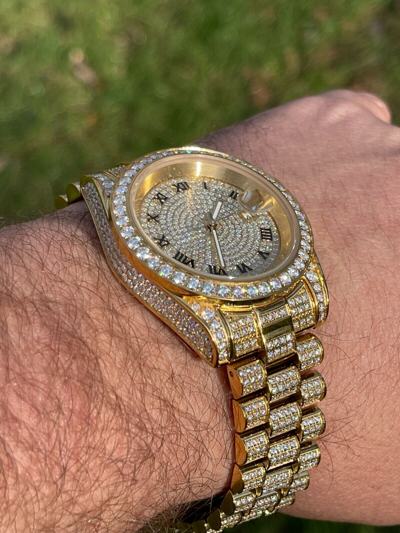 Pre-owned Hip Hop 15ct Moissanite Gold Mens Presidential Watch Iced  Out Pass Diamond Test