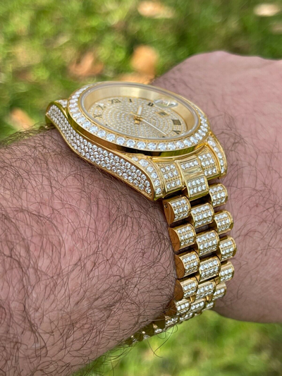 Pre-owned Hip Hop 15ct Moissanite Gold Mens Presidential Watch Iced  Out Pass Diamond Test