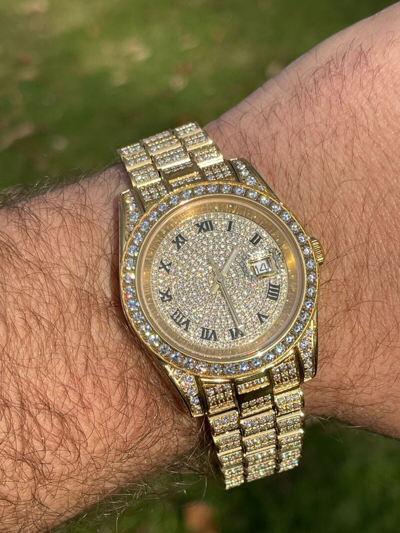 Pre-owned Hip Hop 15ct Moissanite Gold Mens Presidential Watch Iced  Out Pass Diamond Test
