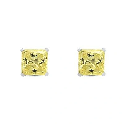 Pre-owned Shine Brite With A Diamond 4.5 Ct Princess Cut Canary Earrings Studs Solid 14k White Gold Push Back Basket