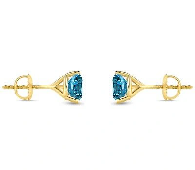 Pre-owned Shine Brite With A Diamond 1.50 Ct Round Cut Blue Earrings Studs Solid 18k Yellow Gold Screw Back Martini