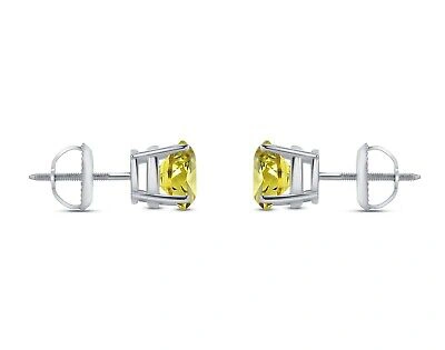 Pre-owned Shine Brite With A Diamond 4 Ct Round Cut Canary Earrings Studs Solid Real 18k White Gold Screw Back Basket