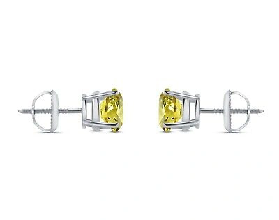 Pre-owned Shine Brite With A Diamond 2.75 Ct Round Cut Canary Earrings Studs Solid 18k White Gold Screw Back Basket