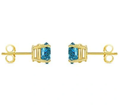 Pre-owned Shine Brite With A Diamond 2.50 Ct Round Cut Blue Earrings Studs Solid 18k Yellow Gold Push Back Basket